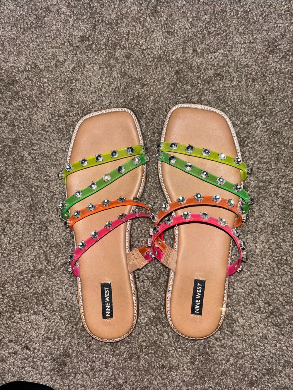 Nine West Women's Rainbow Gem Studded Strappy Sandals - Pink/Orange/Green
